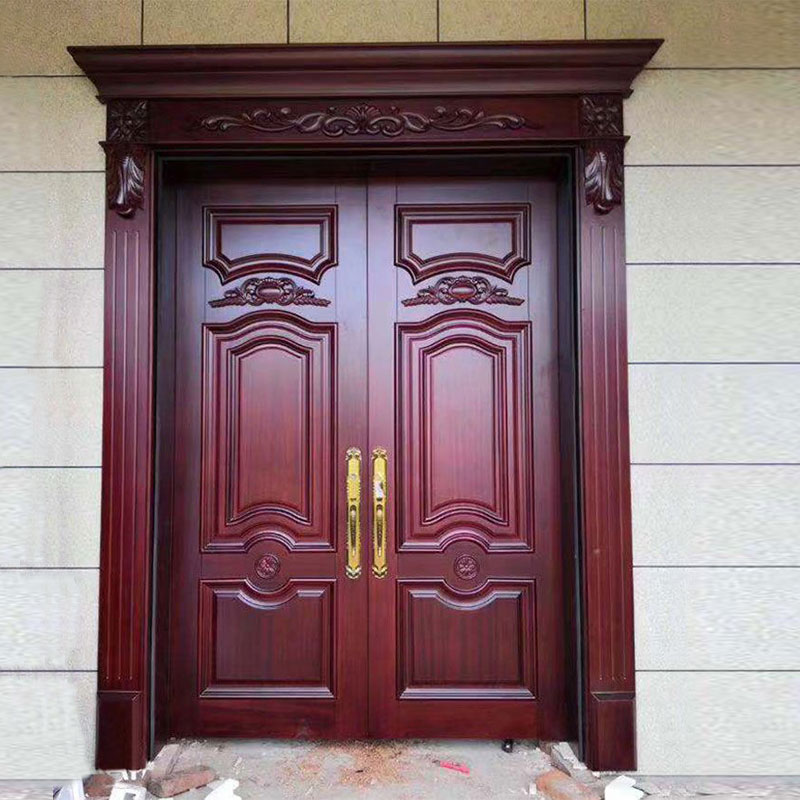 廣東佛山原木門廠家高端沙比利雙開大門帶門頭雕花羅馬柱柚木，菠蘿格，花梨等歐帝龍品牌