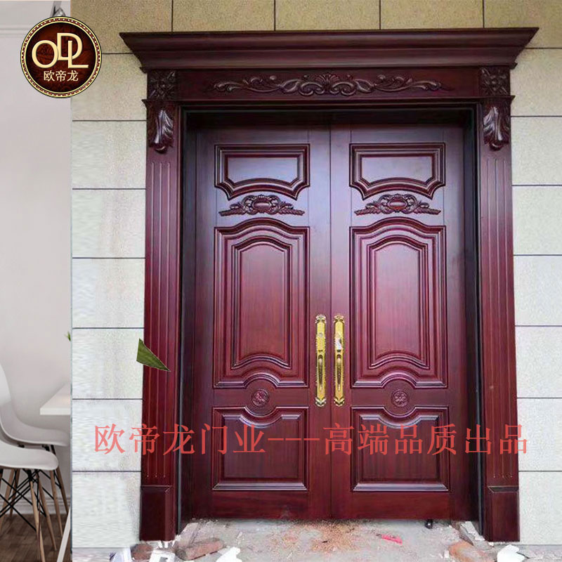 沙比利雙開皇冠頭原木門廠家高端雙開大門帶門頭雕花羅馬柱柚木菠蘿格，花梨等歐帝龍品牌